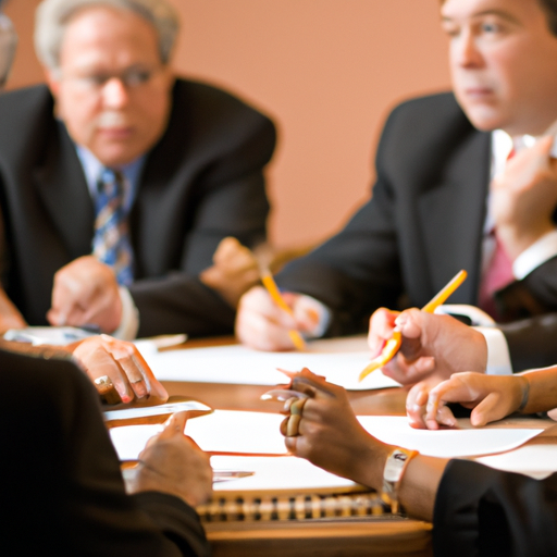 קבוצה מגוונת של אנשים התאספה סביב שולחן, שדנה בעסקאות קרקע אפשריות.