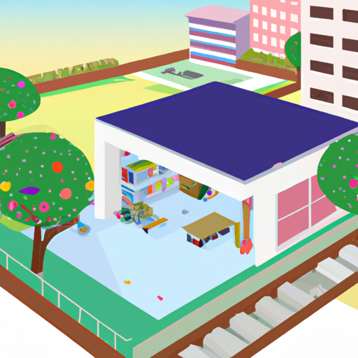 איור של כיתה עם שירותים קרובים כמו ספרייה, בית קפה ופארק