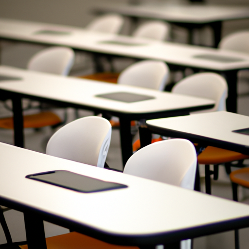 תמונה של כיתה מוארת ומודרנית עם שולחנות וכיסאות מסודרים בקפידה.