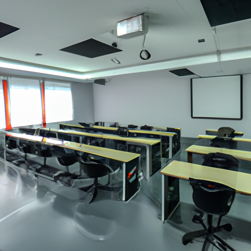 תמונה של כיתה מודרנית המצוידת בטכנולוגיה מתקדמת כגון לוחות חכמים וגישה לאינטרנט מהיר.