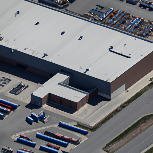 מבט אווירי של מתקן מחסן גדול עם משאיות המעמיסות והפורקות סחורה