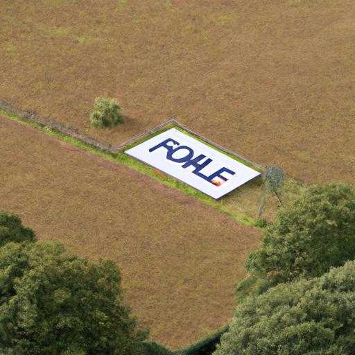 מבט אווירי על חלקת אדמה גדולה עם שלט 'למכירה' בכניסה