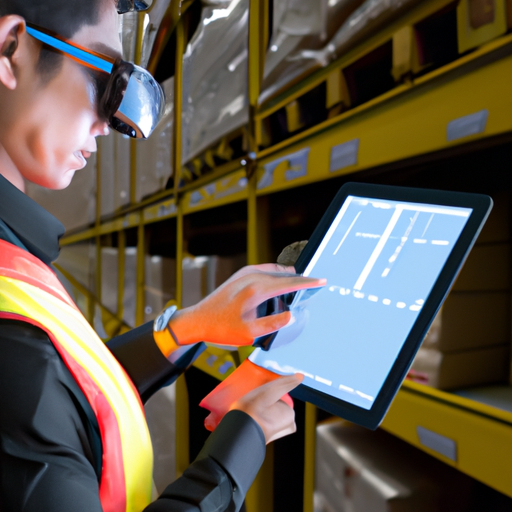 עובד מחסן המשתמש בטכנולוגיה מתקדמת לניהול מלאי, המדגים את השפעת החדשנות על תפעול המחסן.