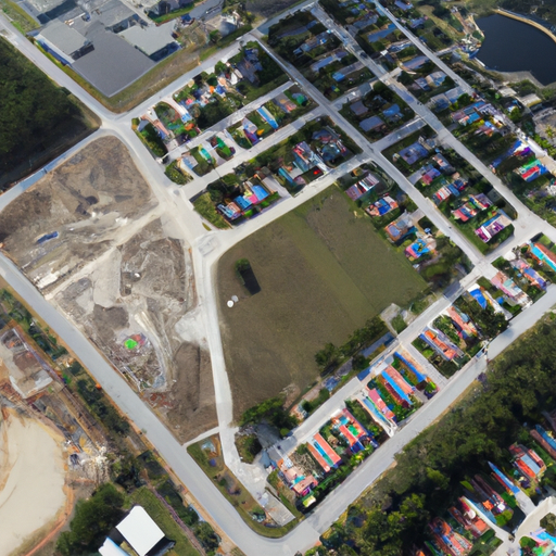 מבט אווירי של חלקת קרקע פנויה מוקפת בנכסים מפותחים