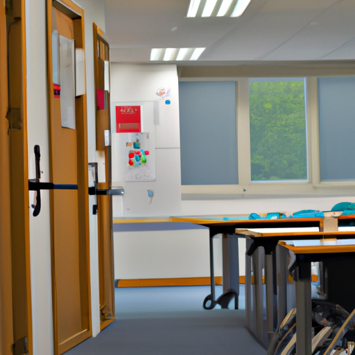 תמונה של כיתה עם תכונות נגישות, כגון רמפות ופתחים רחבים, המציגה עמידה בתקנות הנגישות