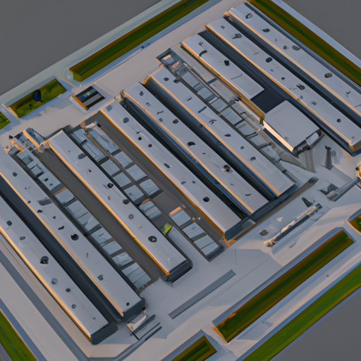 מבט אווירי של מתחם מחסנים מודרני המציג גדלים ופריסות שונות.