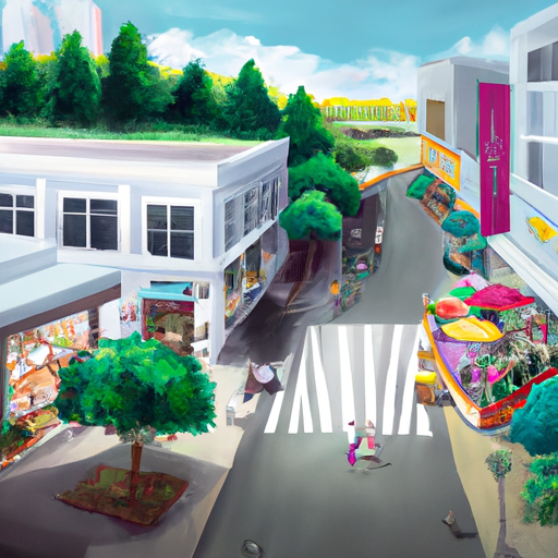תמונה של אזור מסחרי הומה עם שירותים שונים כגון חנויות, מסעדות ופארקים, המדגיש את חשיבות המיקום