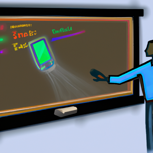 המחשה של מורה המשתמשת בלוח חכם כדי להעסיק את התלמידים בשיעור אינטראקטיבי, תוך הדגשת שילוב הטכנולוגיה בכיתות מודרניות.