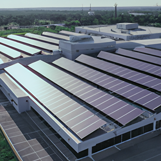 תמונה 3: צילום של פאנלים סולאריים מותקנים על גג מחסן, המדגים מחויבות לקיימות.