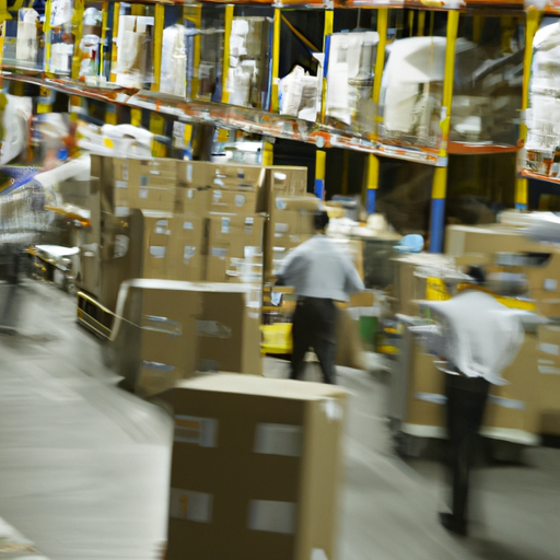 תמונה של מחסן עמוס, עם עובדים מעבירים ארגזים ומשתמשים במערכות אחסון שונות.