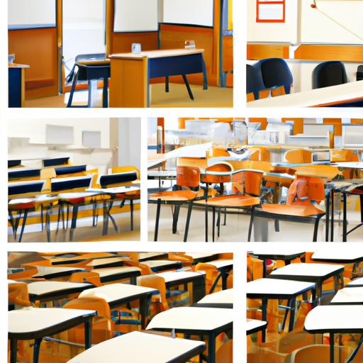 קולאז' של פריסות כיתה שונות, כולל שורות מסורתיות, סידורי U ומעגלים