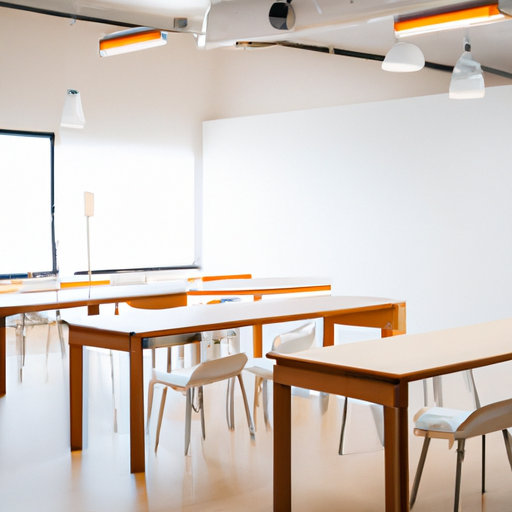 תמונה של כיתה מוארת ומודרנית עם שולחנות וכיסאות, המייצגת את החלל האידיאלי להשכרה