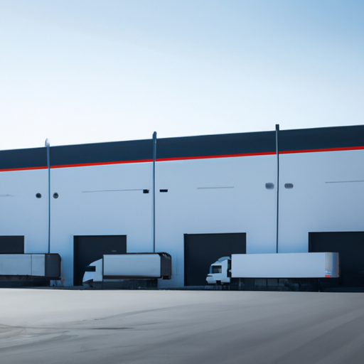 תמונה של מחסן עסקים גדול ומודרני עם משאיות שחונות בחוץ