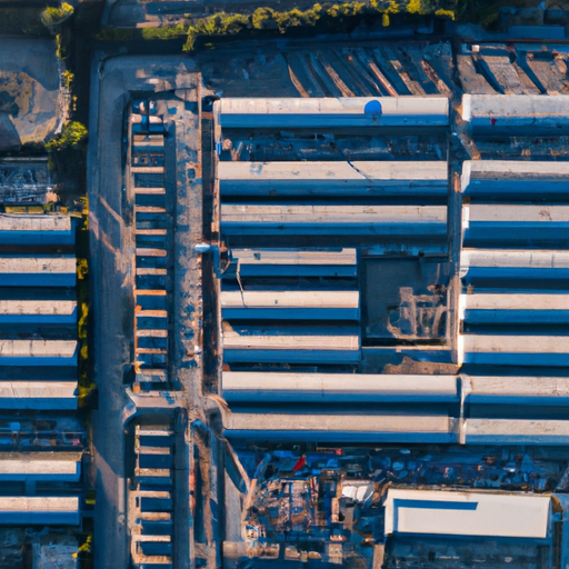 מבט אווירי של מתחם מחסנים גדול הממוקם בסמוך לצירי תחבורה מרכזיים.