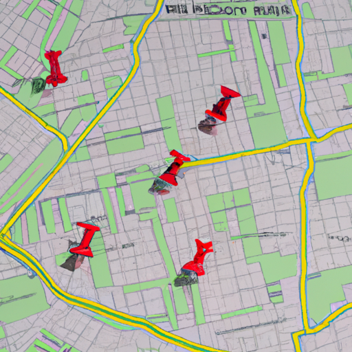 מפה עם סיכות המציינת מחסנים פנויים להשכרה באזור ספציפי
