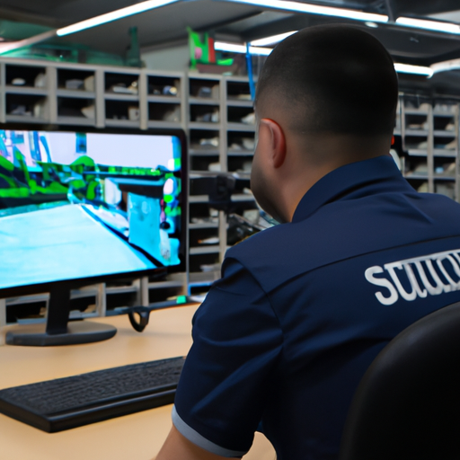 מאבטח עוקב אחר מערכת מעקב מחסנים, תוך שימת דגש על חשיבות האבטחה בהשכרת מחסנים.