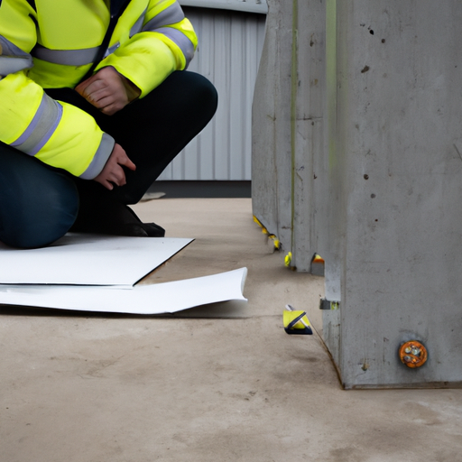 תקריב של מפקח מחסנים בוחן את השלמות המבנית של קורות ועמודים של בניין