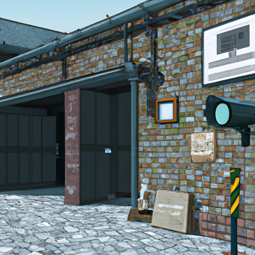 מחסן עם שער אבטחה ומצלמות מעקב בכניסה.