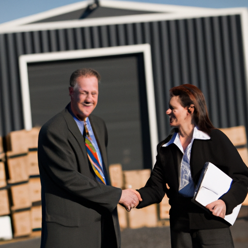 סוכן נדל"ן חייכן לוחץ יד ללקוח מול מחסן שכור
