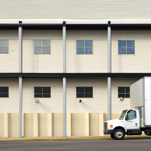 מחסן חיצוני עם משאית חונה בחוץ, המייצג את הזמינות הרחבה של מקומות מחסן לעסקים.