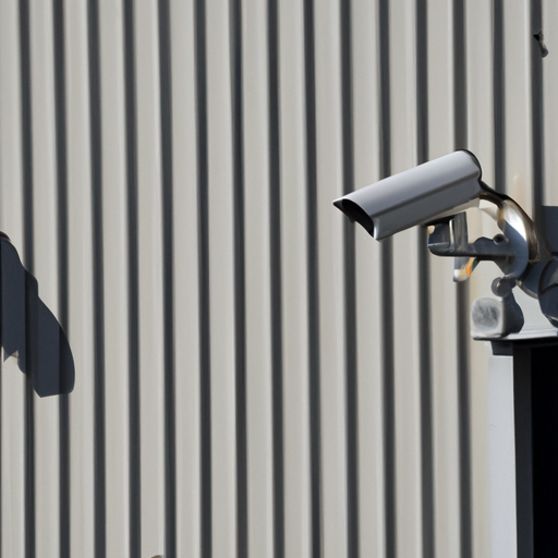 תמונה המציגה מצלמת אבטחה המותקנת על קיר המחסן, המכסה שטח רחב.