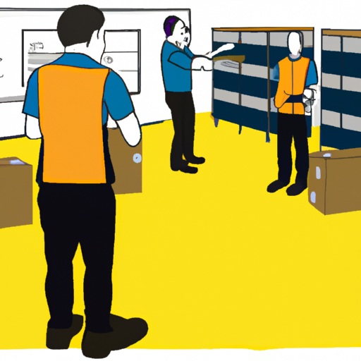 המחשה של מפגש הדרכה בעיצומו, כאשר העובדים לומדים לתפעל ציוד מחסן חדש.