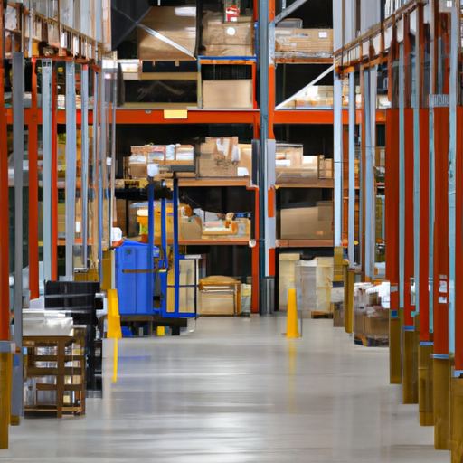 תמונה של מחסן מסודר עם מעברים ופחים מסומנים בבירור