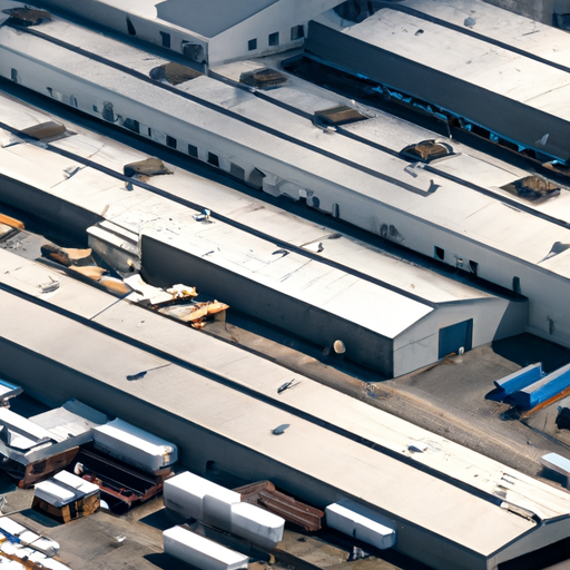 1. צילום אווירי של מחסן ברובע תעשייתי שוקק חיים.