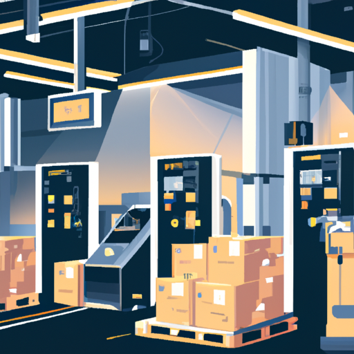 המחשה של מחסן הייטק המציג מכונות מתקדמות ומערכות אוטומטיות.