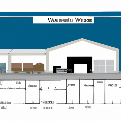 איור של מחסן המציג אזורים שונים לאחסון, קבלה ומשלוח